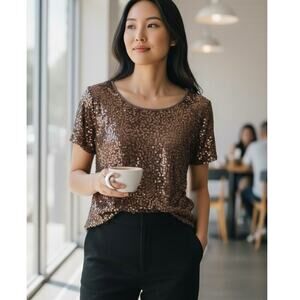 Forever 21 rose gold sequin short sleeve top sheer party shimmer